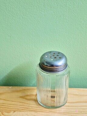 Vintage Ribbed Glass Shaker with Silver Metal Lid - Clear